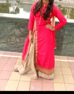 Red Kurta With Golden Skirt