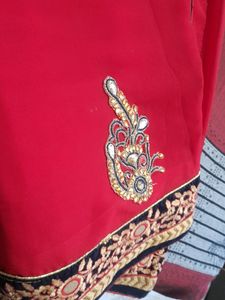 Red Contrast Sari With Ready Blouse