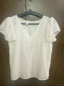 White Chevron Ruffle Sleeve Top