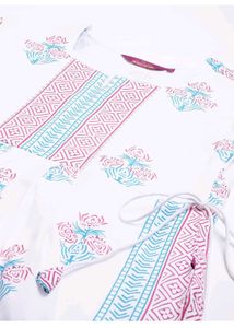 S-M Size White Floral Print Kurta Set