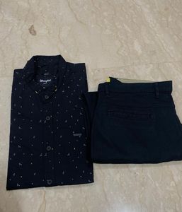 Wrangler Printed Black Shirt- John Player Pant Set