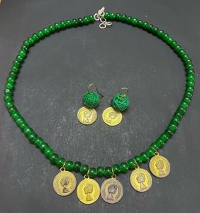 Green Beaded Coin Necklace & Earrings