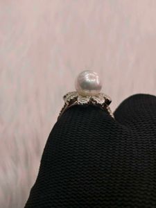Pearl &amp; Diamond Ring 925 Sterling Silver