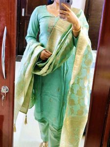 Women Green Festive Chanderi Silk Suit Set