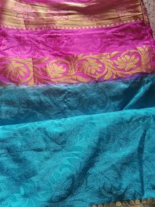 Blue And Pink Saree With Gold Border