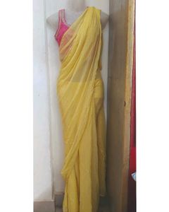 Yellow Ready To Wear Saree With Pink Blouse
