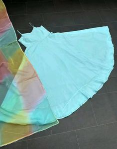 Turquoise Ethnic Gown With Organza Duptta