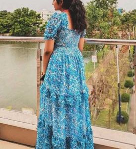 Blue Floral Print Midi Dress