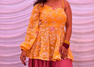 DESIGNER YELLOW TOP WITH PINKISH SKIRT