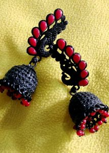 Black Oxidized Peacock Jhumka Earrings with Red
