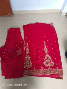 Red &amp; Gold Embroidered Saree Set  Maching Earing🥰