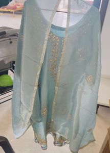 Handmade Teal Ethnic Suit Set with Gold Detail