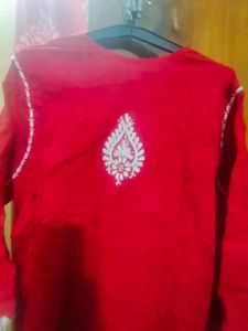 Red Cotton Chikan Kurti