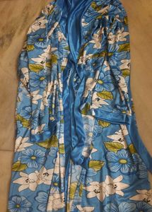Blue Floral Satin Nighty 2 Pieces Set