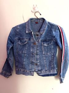 Denim Jacket with Striped Sleeves