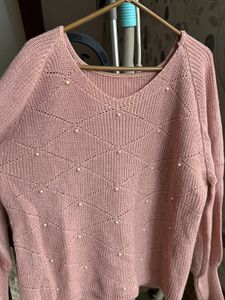 Pink Knit Sweater with Pearl Details