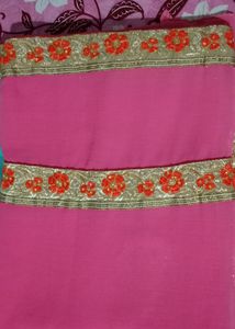 Pink & Sky Blue Colour Saree With Golden Floral Border