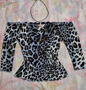 Y2k Leopard Print Off Shoulder Top