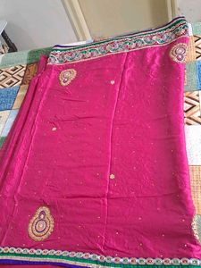 PINK COLOUR HEAVY EMBROIDERY AND STONE WORK SAREE