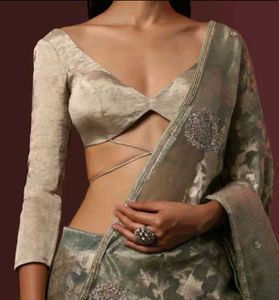 Dusty Silver Padded Silk Full Sleeve 1 Hook Blouse