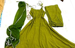 Olive Green Anarkali Suit Set