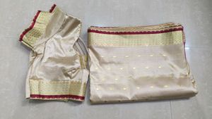 Nude Red Banarasi Silk Saree &amp; Stitched Blouse