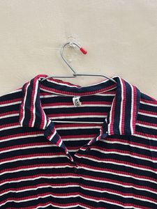 BARE Denim Striped Red White Black Polo Tee