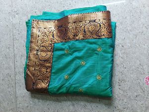 Teal Silk Saree with Gold Embroidery