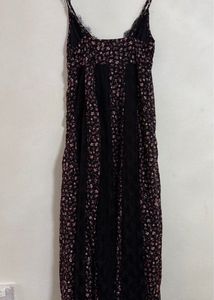 Black Floral Lace Trim Midi Slip Dress