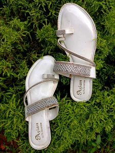 Elegant White Stone-Studded Flat Sandals