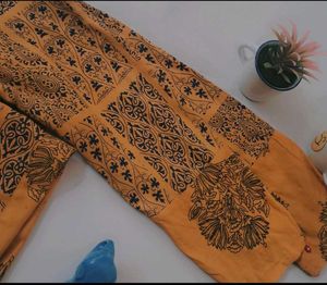 Mustard Block Print Kurti with Mirror &amp; Thread Emb