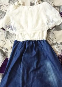 White Lace Top with Denim Skirt