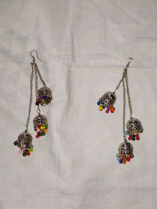 Silver Jhumka Earrings with Colorful Beads