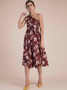 Cover Story Brown Floral Print Below Knee Dress