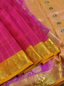 Pink &amp; Gold Paisley Kanchipuram Silk Saree