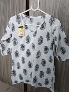 White Printed Cotton Kurti – Brand New