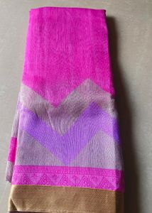 Magenta Tissue Saree with Silver Zari Border
