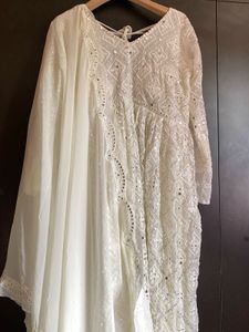 Mirror Work White Anarkali Kurta With Dupatta