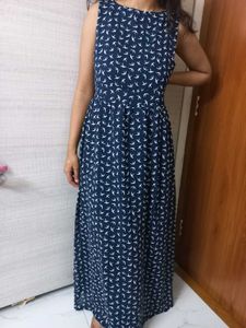 Navy Bird Print Maxi Dress With Full Length Lining