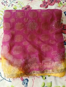 Chiffon Yellow And Pink Saree with Blouse