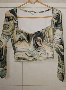 Abstract Print Long Sleeve Crop Top