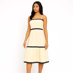 Cream Midi Dress with Black Scallop Trim