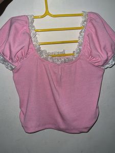 Pink Ribbed Lace Trim Top