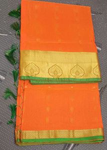 Orange &amp; Green Paisley-Style Zari Woven Sari