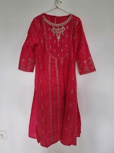 W Embroidered Straight Hot Pink Kurta, Size - Xs