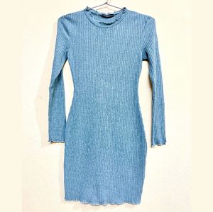 Blue Ribbed Knit Mini Dress