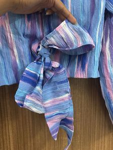 Blue Striped Tie-Front Crop Top
