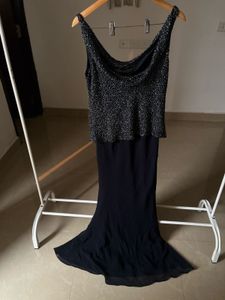 JKARA NAVY BLUE BEADED EVENING GOWN