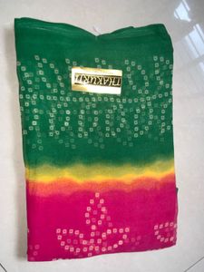 Pink &amp; Green Bandhani Saree