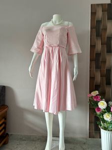 pink off shoulder satin midi gown